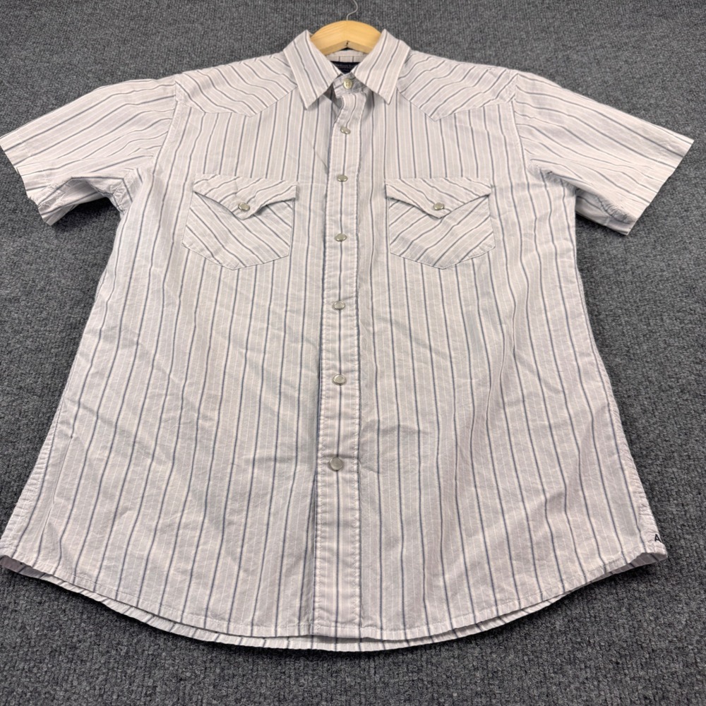 American Eagle Western Shirt Mens Medium Blue White Striped Pearl Snap Excellent